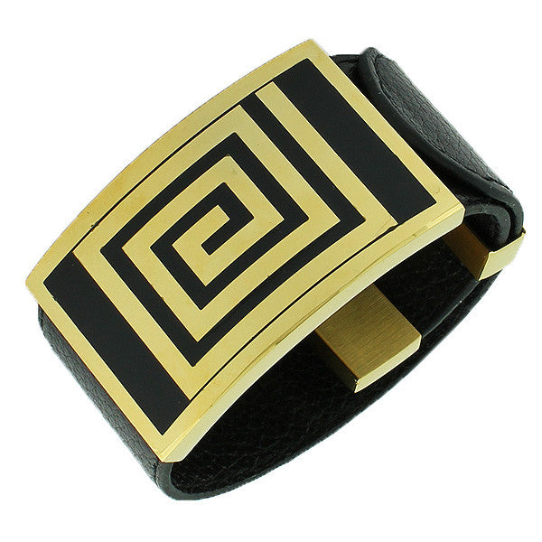 Stainless Steel Yellow Gold-Tone Black Leather Wristband Bracelet
