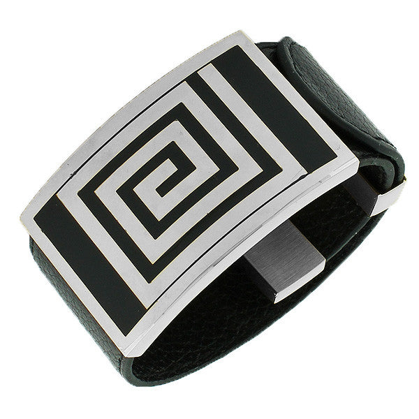 Stainless Steel Silver-Tone Black Leather Wristband Bracelet