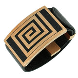Stainless Steel Rose Gold-Tone Black Leather Wristband Bracelet