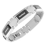 Stainless Steel Black Silver-Tone White CZ Link Chain Men's Bracelet