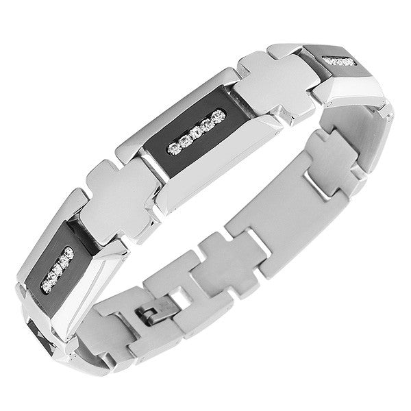 Stainless Steel Black Silver-Tone White CZ Link Chain Men's Bracelet