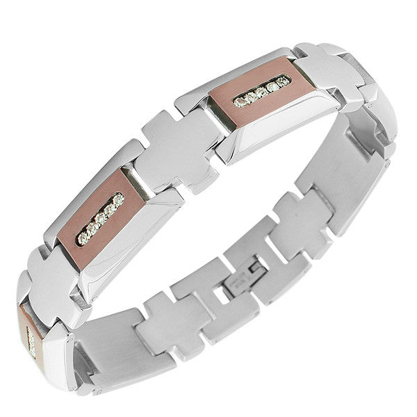 Stainless Steel Silver-Tone Rose Gold-Tone White CZ Link Chain Men's Bracelet