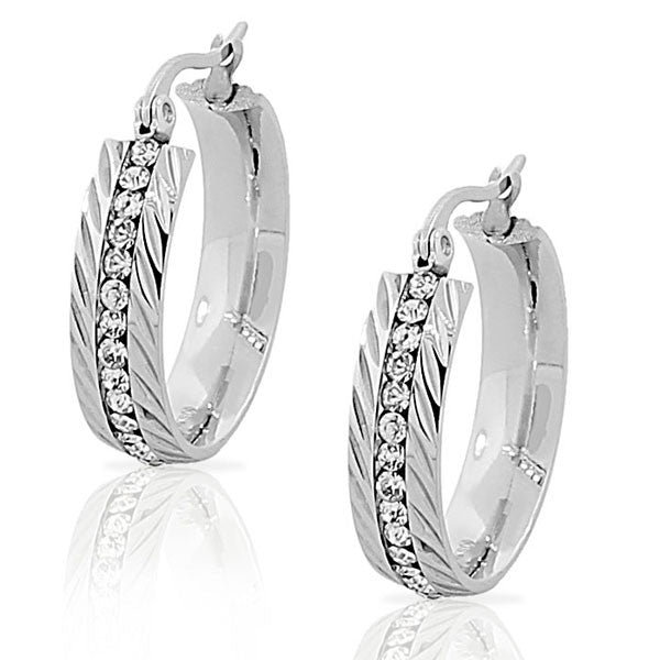 Stainless Steel Silver-Tone Faceted White CZ Classic Hoop Earrings .90" Diameter