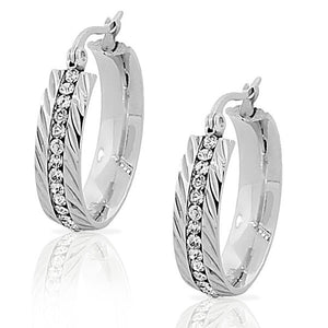 Stainless Steel Silver-Tone Faceted White CZ Classic Hoop Earrings .90" Diameter