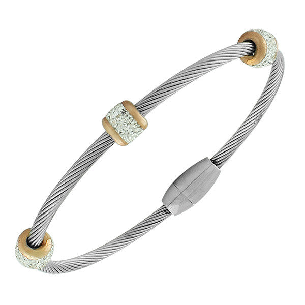Stainless Steel Silver-Tone Yellow Gold-Tone White CZ Twisted Cable Bangle Bracelet