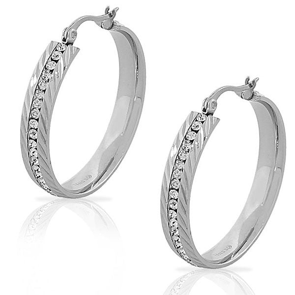 Stainless Steel Silver-Tone Faceted White CZ Classic Hoop Earrings 1.30" Diameter