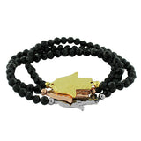 Stainless Steel Black Beads Gold-Tone Silver-Tone Hamsa Three Stretch Bracelets Set 