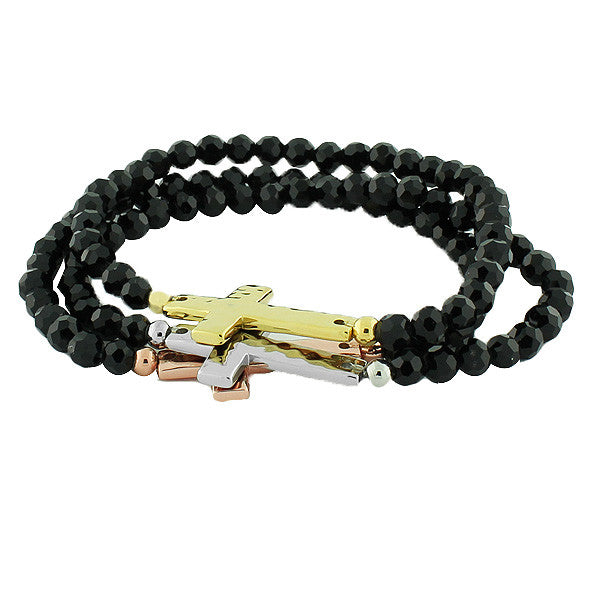 Stainless Steel Black Beads Gold-Tone Silver-Tone Cross Three Stretch Bracelets Set 