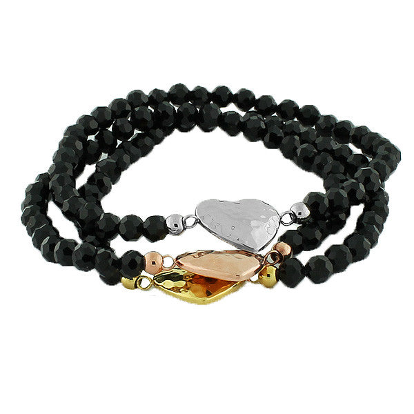Stainless Steel Black Beads Gold-Tone Silver-Tone Love Heart Three Stretch Bracelets Set 