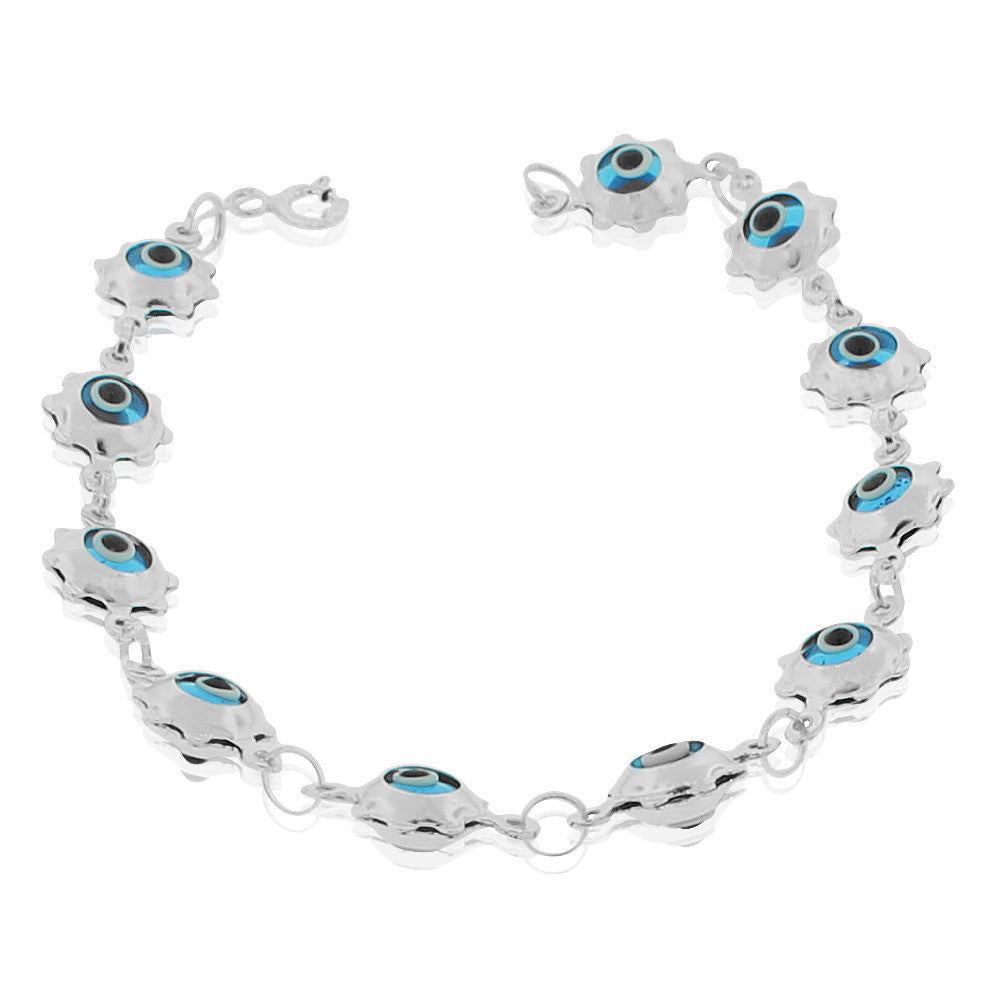 925 Sterling Silver Blue Evil Eye Flower Protection Link Chain Bracelet