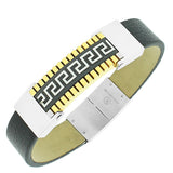 Stainless Steel Black Leather Two-Tone Greek Key Men's Bracelet