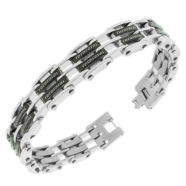 Stainless Steel Black Silver-Tone Link Chain Greek Key Men's Bracelet