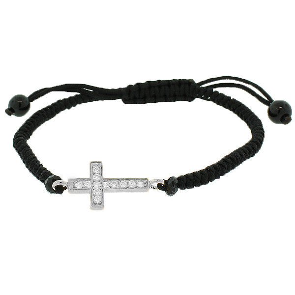925 Sterling Silver Black Cord Religious Cross Adjustable Bracelet