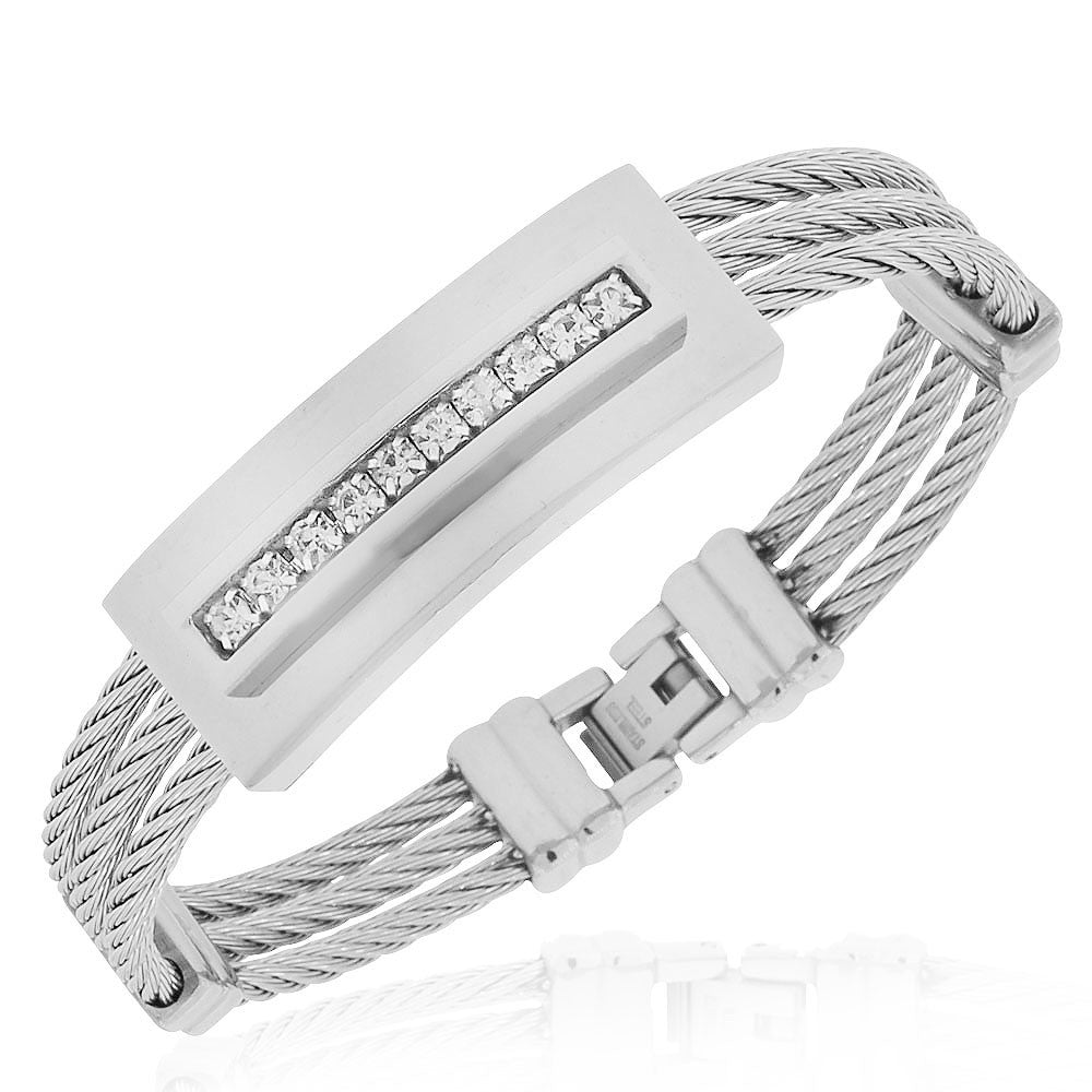 EDFORCE Stainless Steel Silver-Tone White CZ Bangle Bracelet, 9"