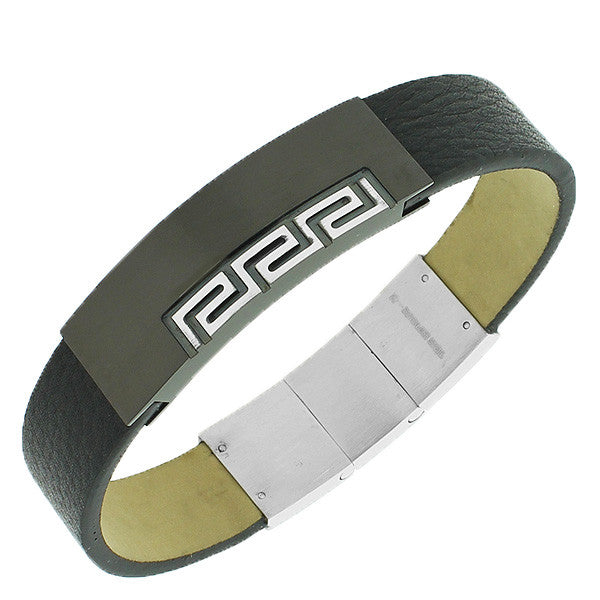 Stainless Steel Black Leather Greek Key Men's Adjustable Bracelet