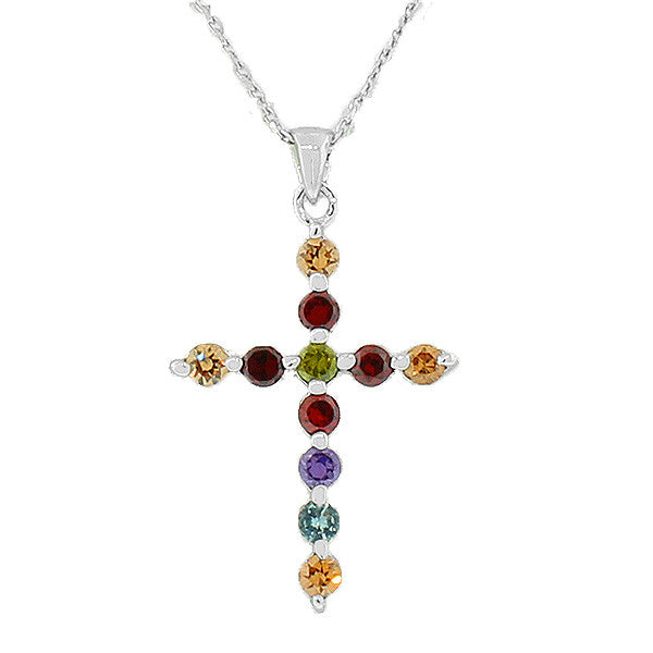 925 Sterling Silver Religious Cross Multicolor CZ Pendant Necklace