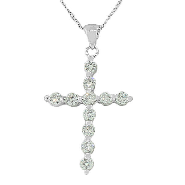 925 Sterling Silver Religious Cross White CZ Pendant Necklace Chain