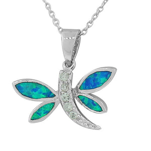 925 Sterling Silver Blue Turquoise-Tone Simulated Opal Dragonfly Pendant Necklace