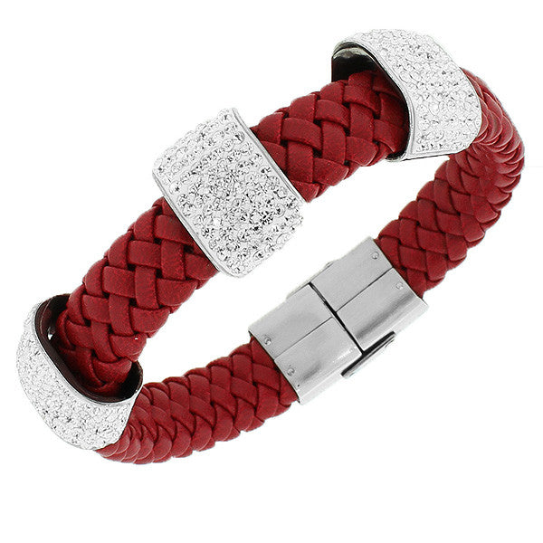 Stainless Steel Red Leather White CZ Bracelet