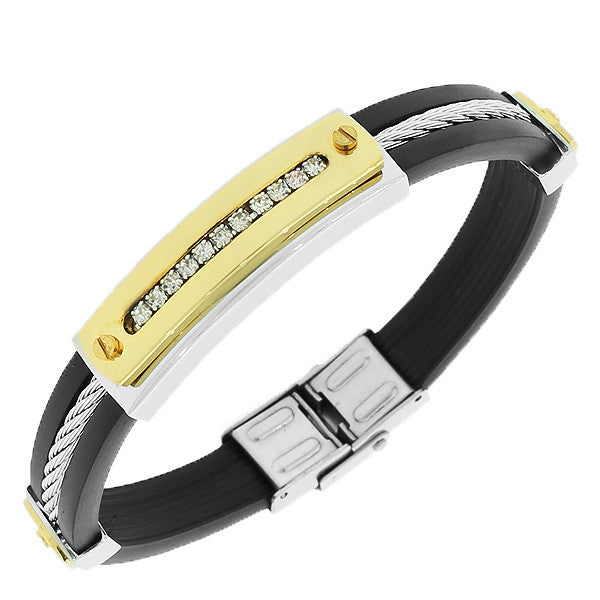 Stainless Steel Black Rubber Silicone Two-Tone White CZ Men's Bracelet