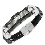 Stainless Steel Black Leather White CZ Men's Bracelet