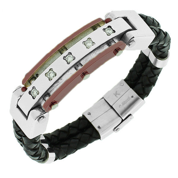 Stainless Steel Black Leather Bronze-Tone White CZ Men's Bracelet