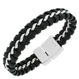 Stainless Steel Black Leather Silver-Tone Braided Link Chain Men's Bracelet