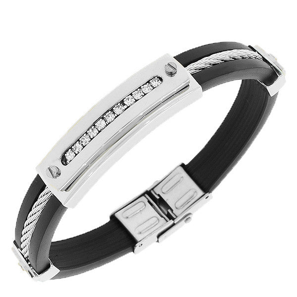Stainless Steel Black Rubber Silver-Tone CZ Mens Bracelet