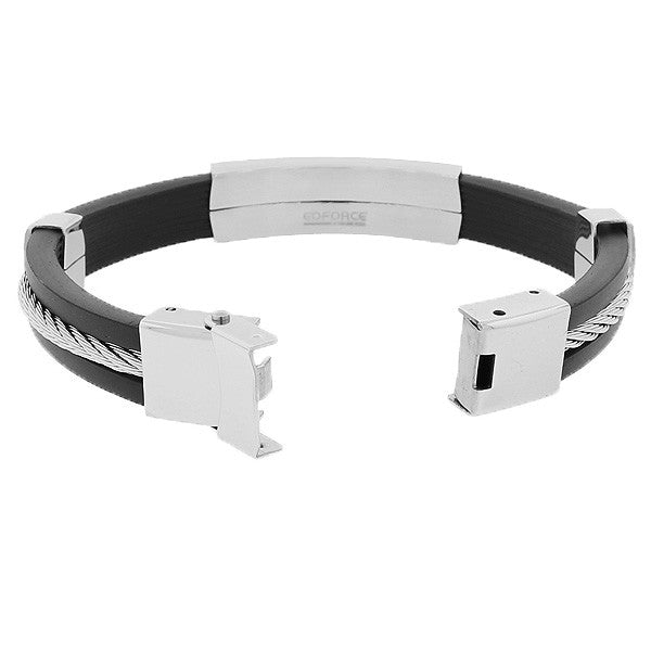 Stainless Steel Black Rubber Silver-Tone CZ Mens Bracelet