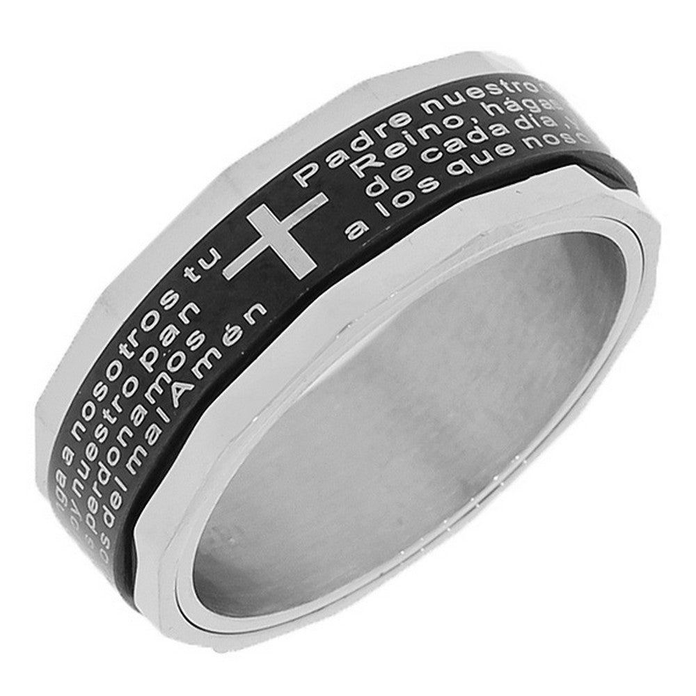 Stainless Steel Black Silver-Tone Lords Prayer Spanish Padre Nuestro Spinner Ring Band - Size 13