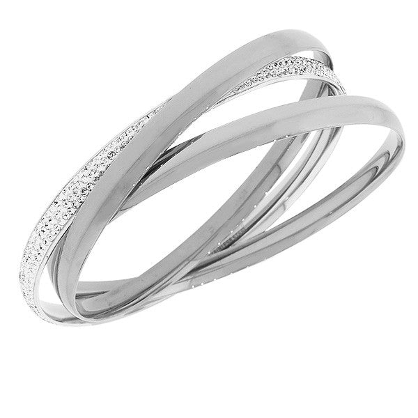 Stainless Steel Silver-Tone White CZ Three Interlocked Bangle Bracelets Set