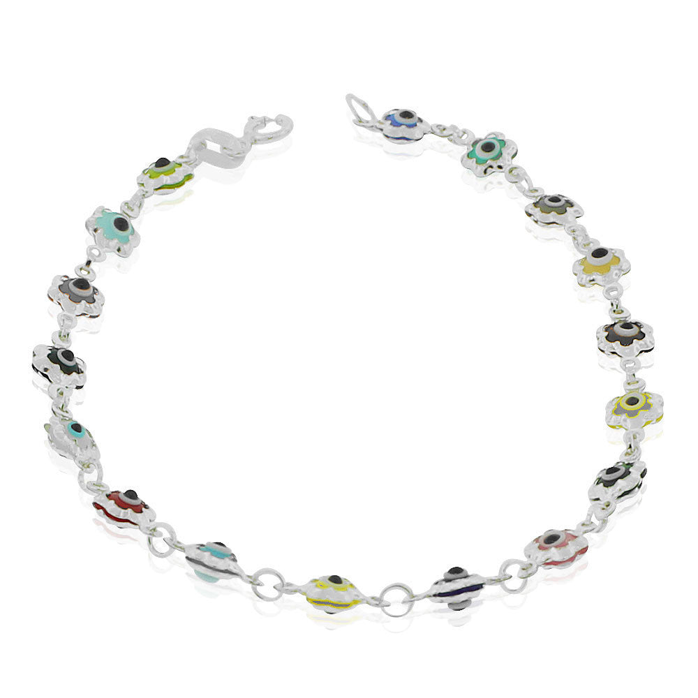 925 Sterling Silver Multicolor Evil Eye Protection Flower Link Chain Bracelet