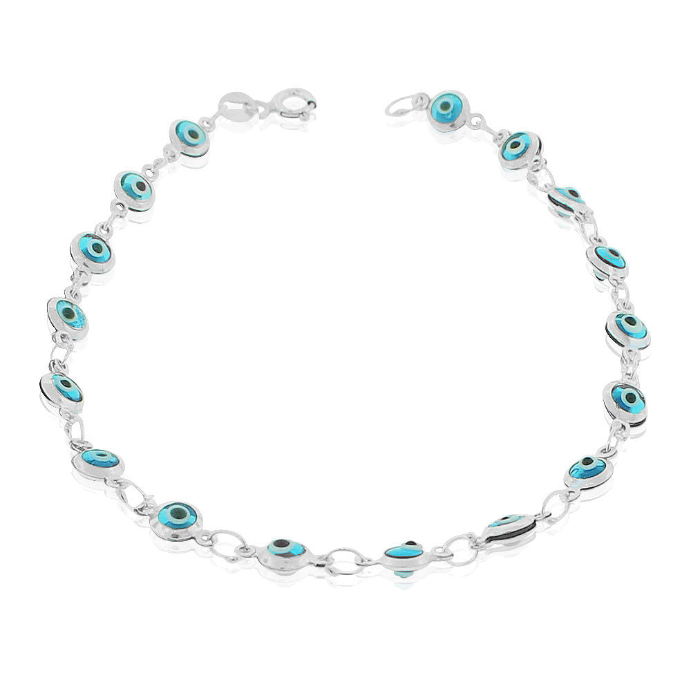 925 Sterling Silver Blue Evil Eye Protection Link Chain Bracelet