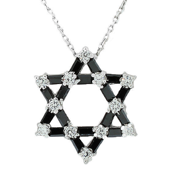 925 Sterling Silver Jewish Star David Black White Pendant Necklace