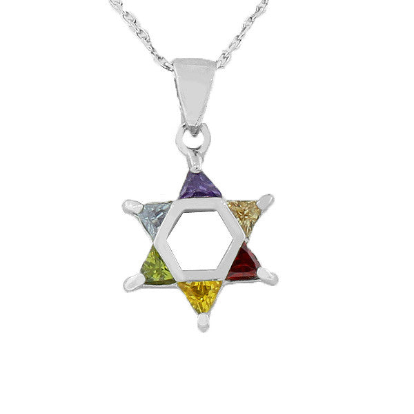 925 Sterling Silver Jewish Star of David Multicolor Pendant Necklace