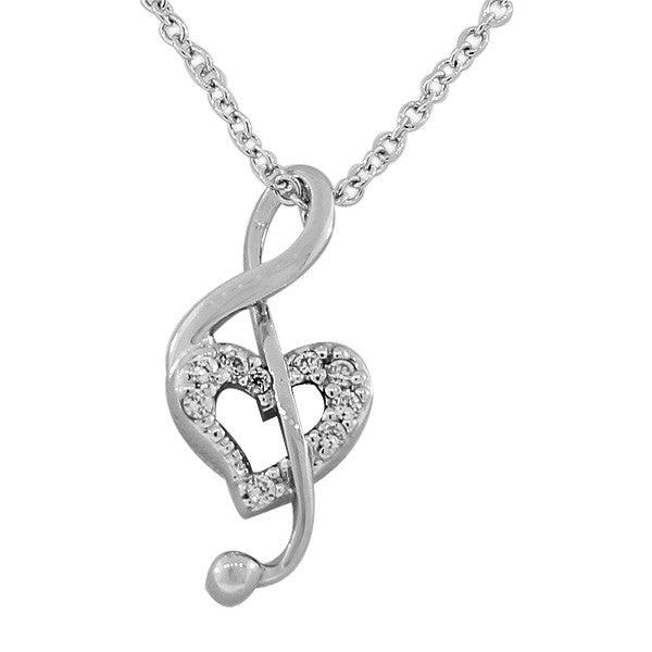 925 Sterling Silver Love Heart Music Note Clef White CZ Pendant Necklace