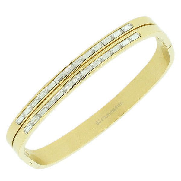 Stainless Steel Yellow Gold-Tone White Baguette CZ Bangle Bracelet