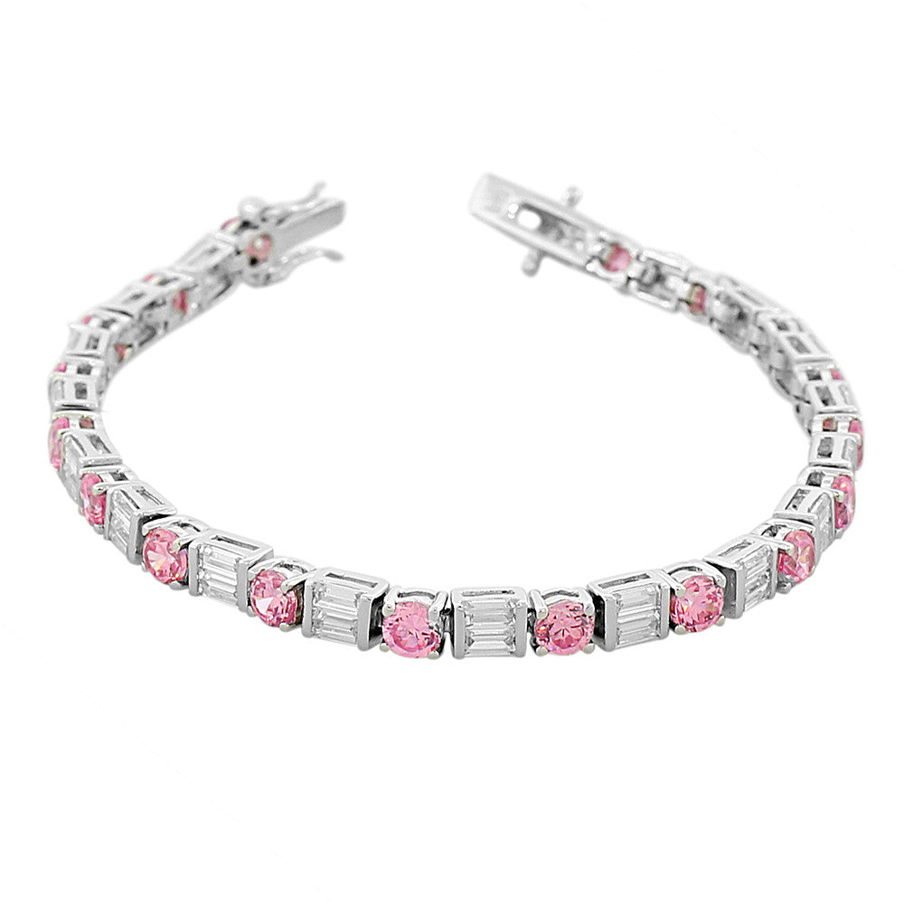 925 Sterling Silver Round Baguette White Pink CZ Classic Tennis Bracelet