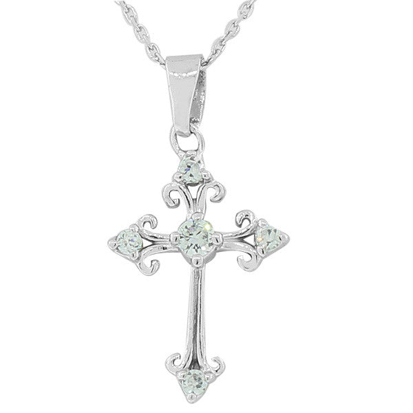 925 Sterling Silver Religious Cross White CZ Pendant Necklace Chain