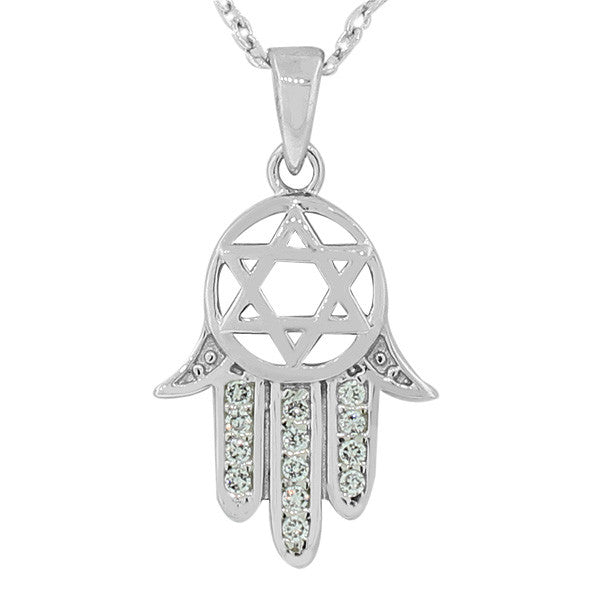 925 Sterling Silver Hamsa Evil Eye Star David White Pendant Necklace