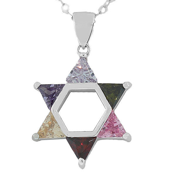 925 Sterling Silver Jewish Star of David Multicolor Pendant Necklace