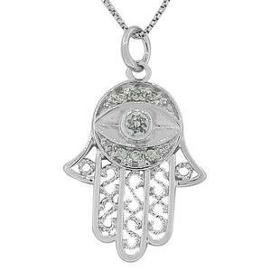 925 Sterling Silver Hamsa Evil Eye White Pendant Necklace with Chain