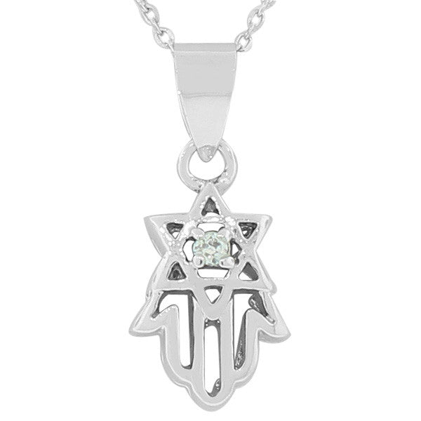 925 Sterling Silver Hamsa Evil Eye Star David White Pendant Necklace