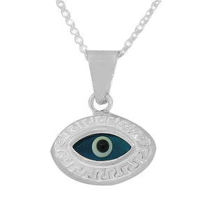 925 Sterling Silver Blue Greek Key Hamsa Evil Eye Pendant Necklace with Chain