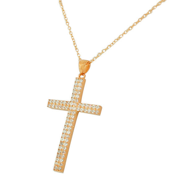 Rose Gold Sterling Silver Double Row CZ Cross Pendant
