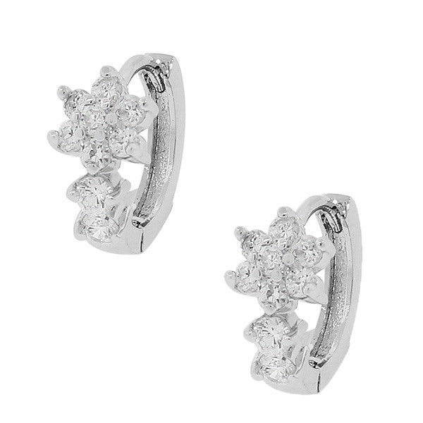 925 Sterling Silver White CZ Flowers Floral Hoop Huggie Earrings
