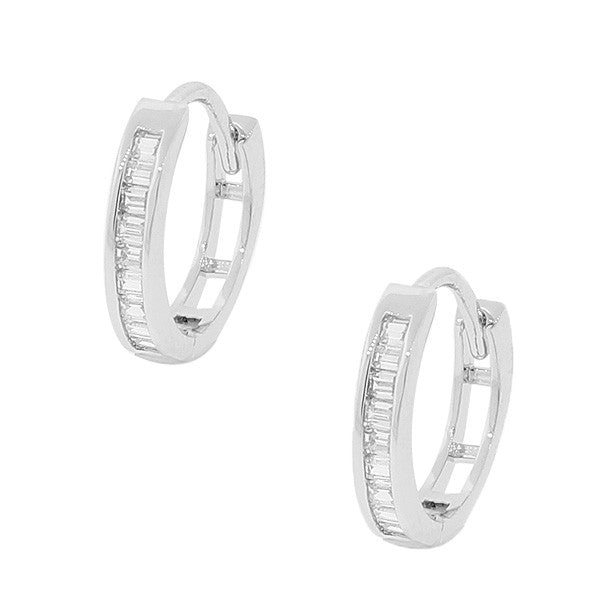 925 Sterling Silver White Baguette CZ Hoop Huggie Earrings