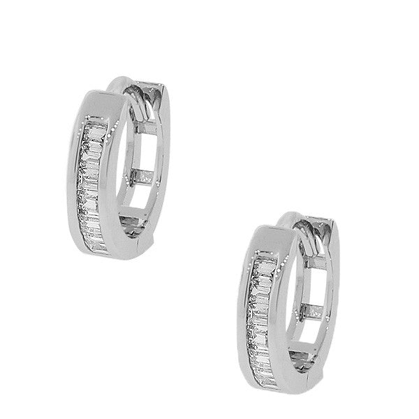 925 Sterling Silver White Baguette CZ Hoop Huggie Earrings