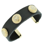 Fashion Alloy Black Leather Yellow Gold-Tone White CZ Open End Bracelet
