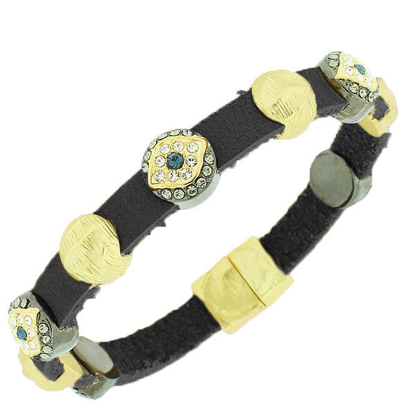 Fashion Alloy Black Leather Yellow Gold-Tone White CZ Evil Eye Bangle Bracelet